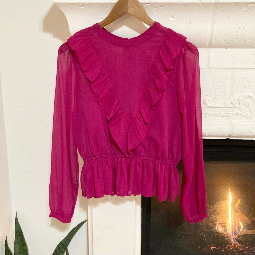 Fuchsia Pink Ruffle Top Blouse Size S - M Small Medium